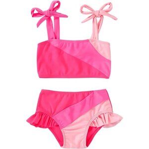 Pink Summer Bikini Toddler Girls Two Pieces Swimsuit Color Block Stripe Swimwear